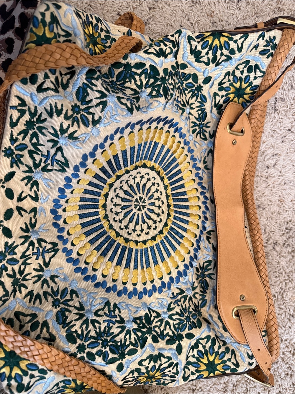 Cole Haan Sierra Embroidered Canvas Shoulder Bag in Cream, Blue & Yellow - Picture 4 of 4